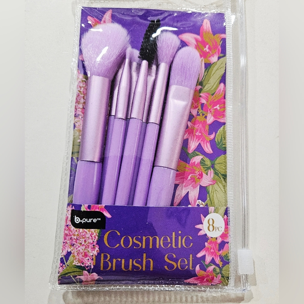 NWT B•PURE 8pc COSMETIC BRUSH SET IN PVC ZIP POUCH: CHOOSE PINK OR PURPLE!